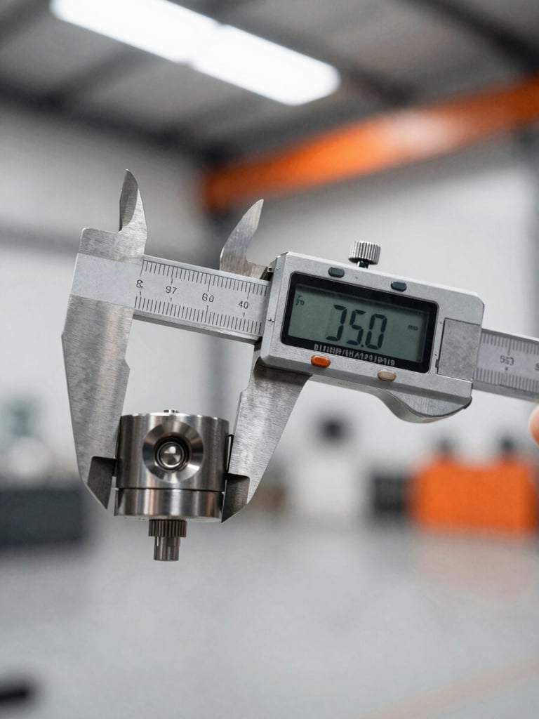 Industrial documentary photography, bright natural warehouse lighting, close-up of a high-precision digital caliper measuring a machined metal component, cool desaturated tones, 35mm lens.
