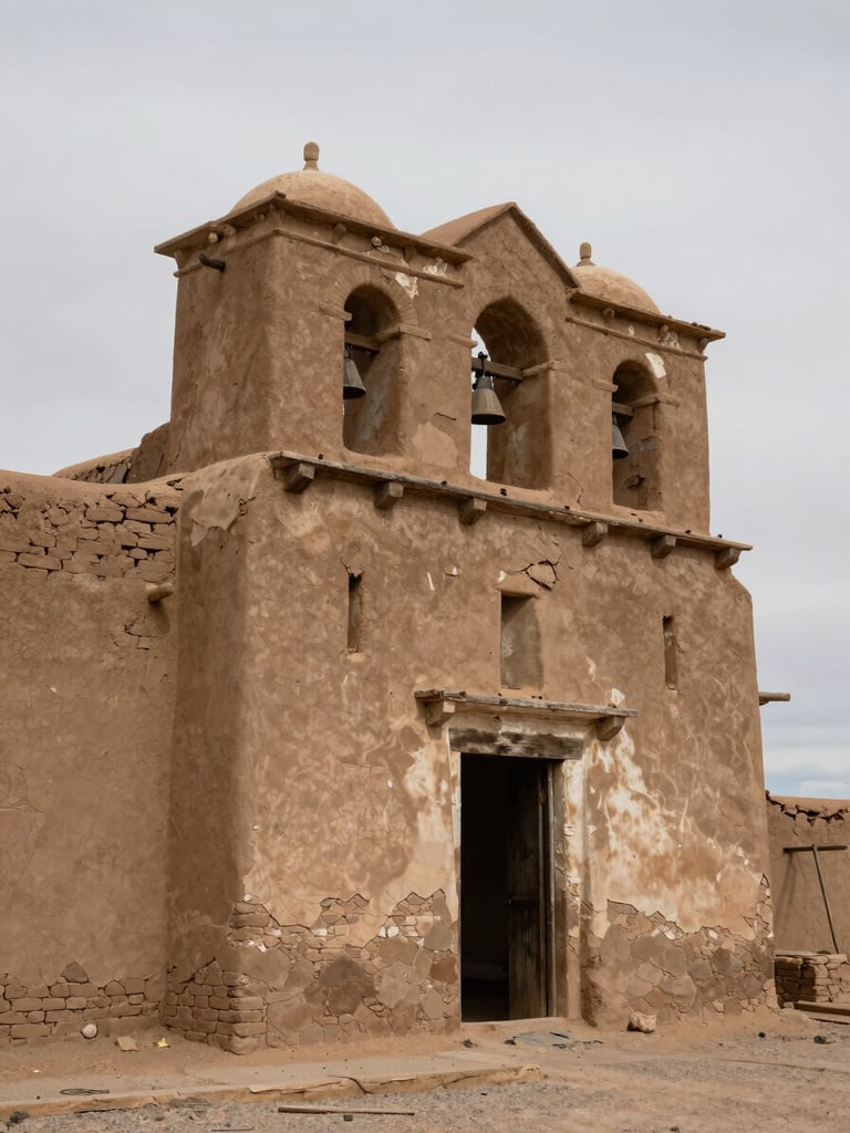 Wide vertical shot of an abandoned adobe mission facade in the Sonoran desert, crumbling plaster revealing mud brick, a narrow bell-tower arch against a flat gray overcast sky, no people, no warm light, environmental desolation