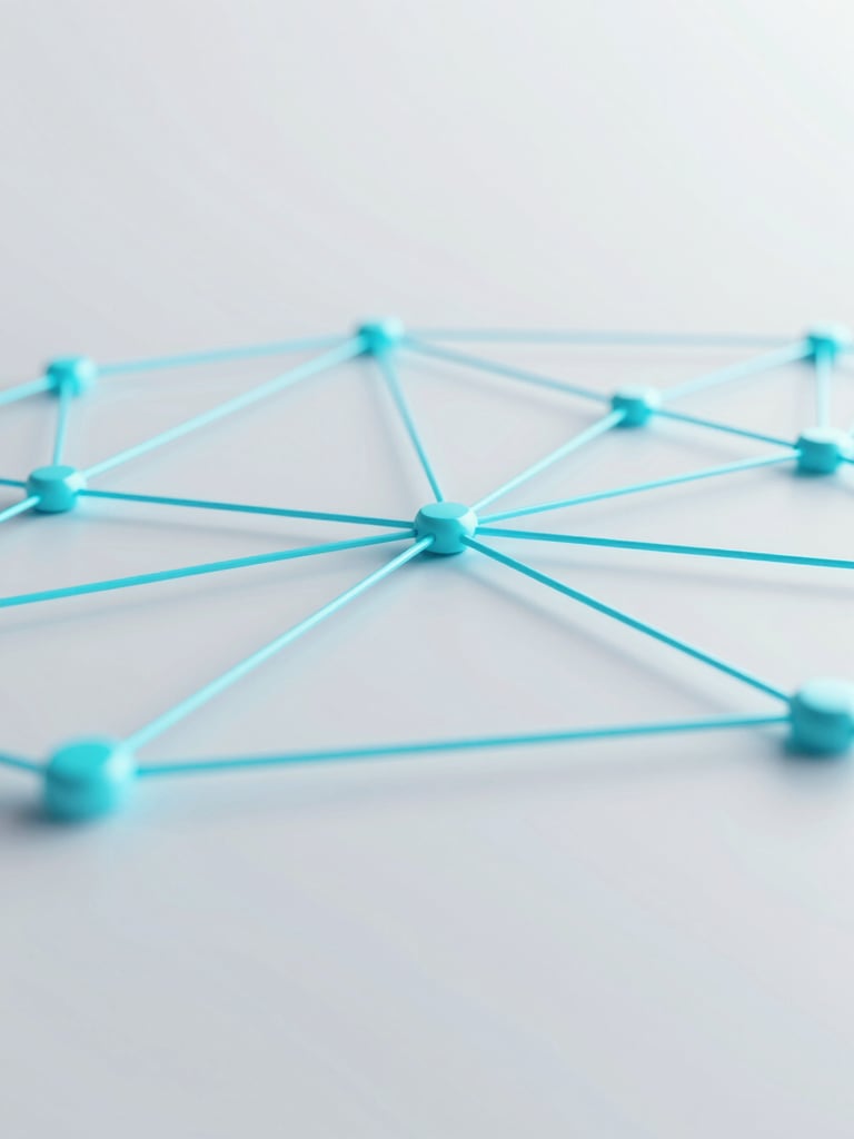Macro shot of a digital network diagram with glowing cyan-blue connection lines, clean high-tech scientific aesthetic, minimalist light gray backdrop