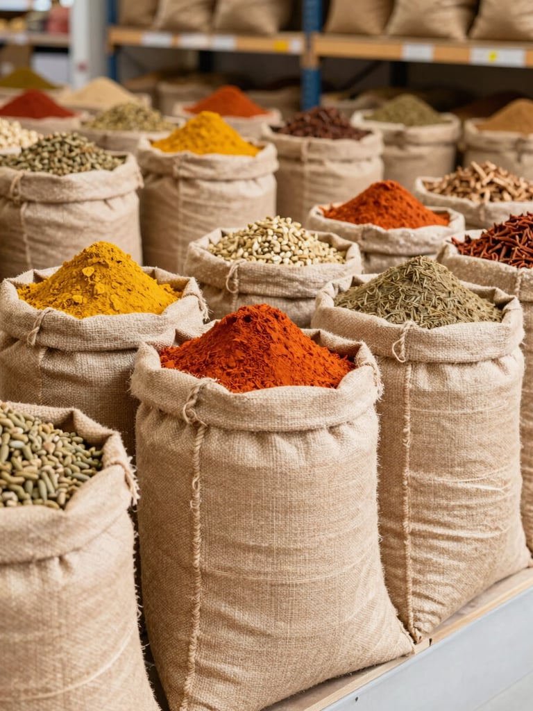 Bright daylight photo of clean jute sacks filled with premium spices stacked neatly in a highly organized, modern warehouse facility