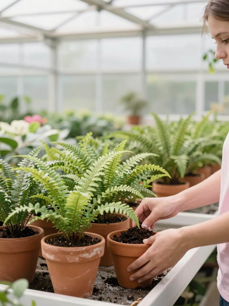 Bright editorial portrait of sunlit modern greenhouse interior, rows of terracotta pots with lush green ferns, hands potting delicate soil under soft morning light, 35mm lens.