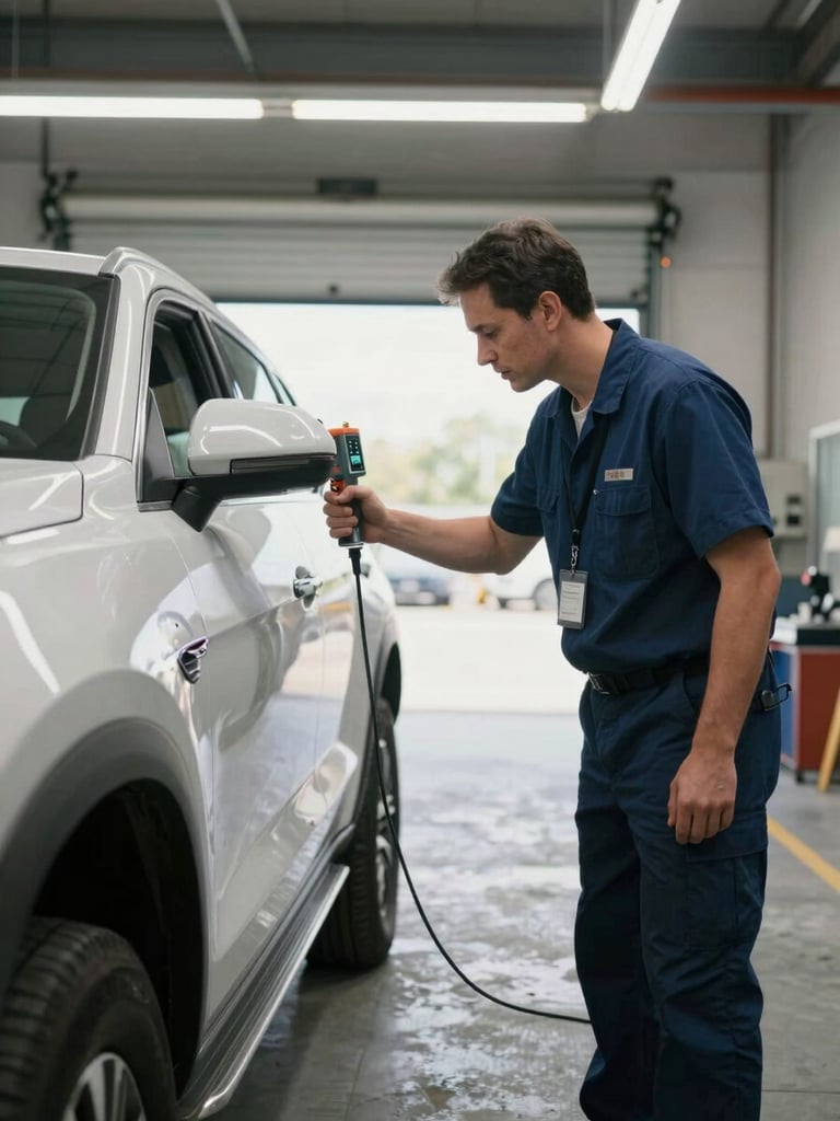 Wide shot inside a bright inspection bay, an inspector leaning over a vehicle's front quarter panel with a paint thickness meter pressed to the surface, overhead shop lights casting sharp even illumination, concrete floor visible below, open bay door in background