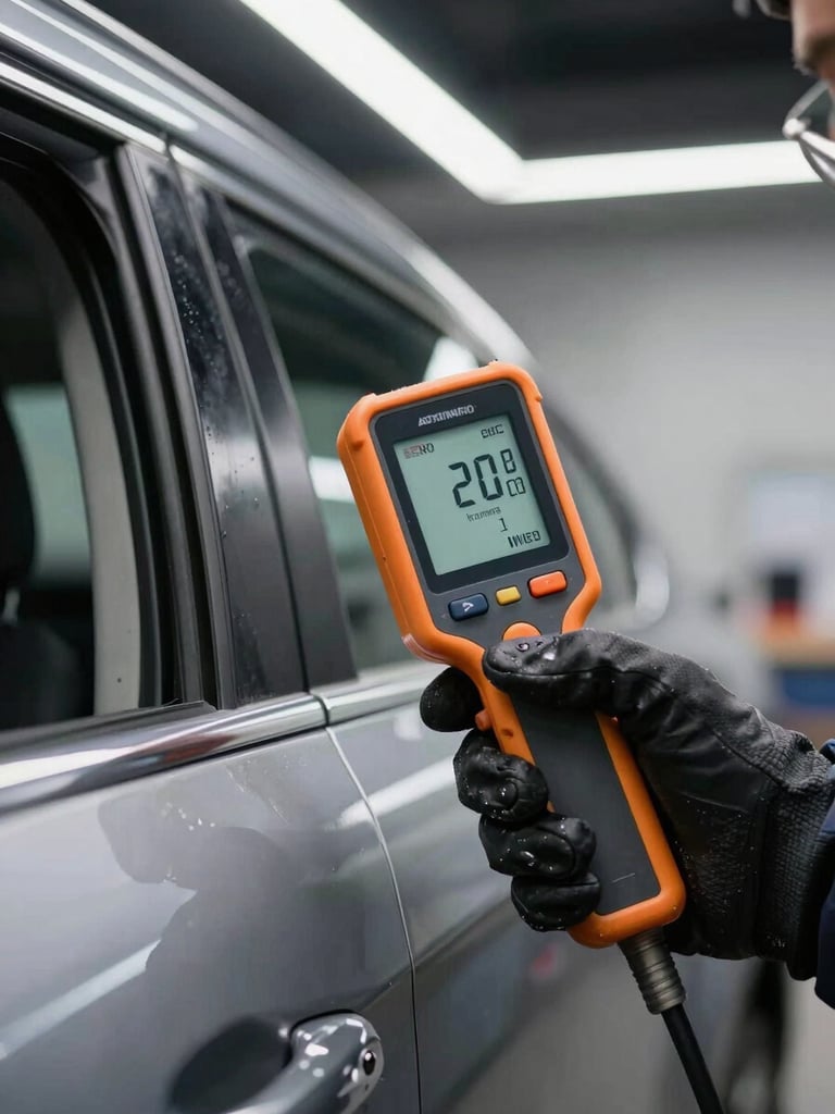 Extreme close-up of a paint thickness meter pressed against a car door panel edge, inspector's gloved hand steadying the device, bright overhead shop lighting, sharp clinical focus on the digital readout and the painted metal surface