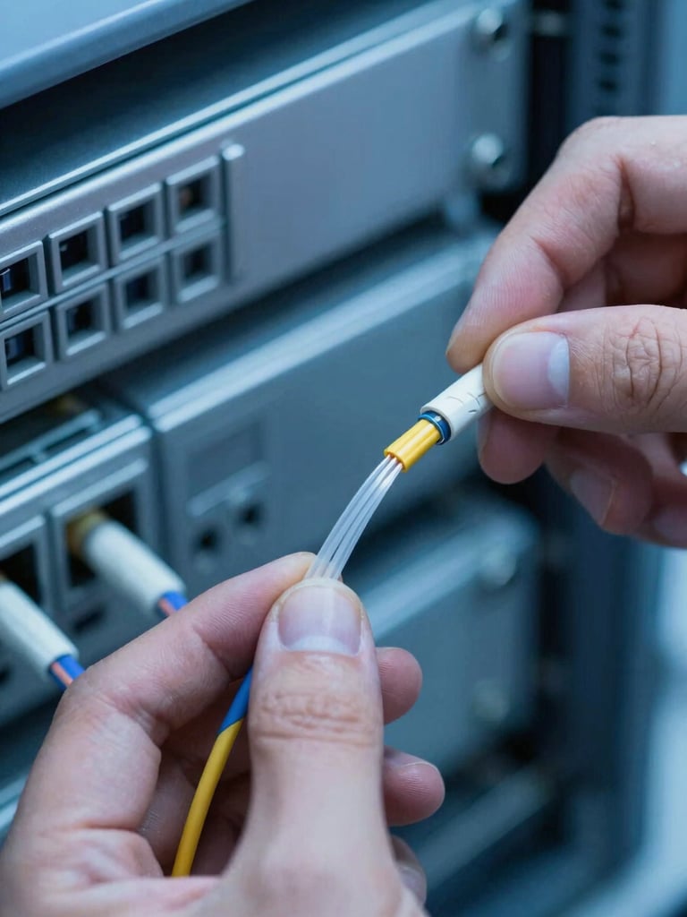 Close-up macro shot of fiber optic cables being spliced by a technician's hands, sharp focus, cool blue light, technical environment, no faces visible.