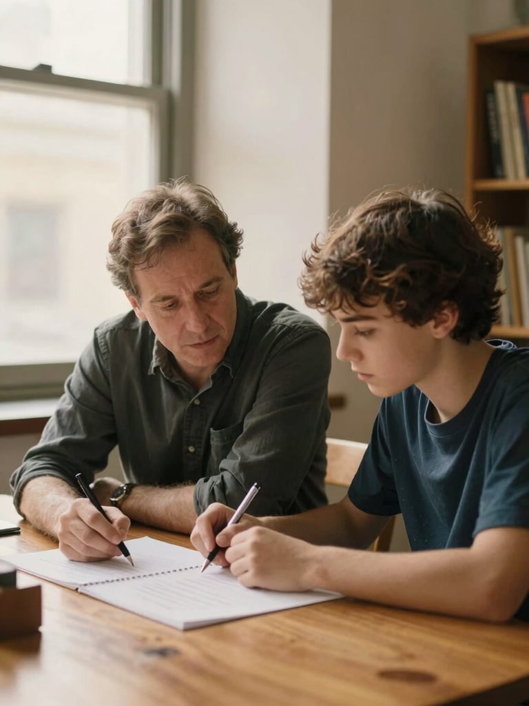 A mentor and a young scholar discussing a project over a wooden table, soft window light, warm tones, candid moment of focus.