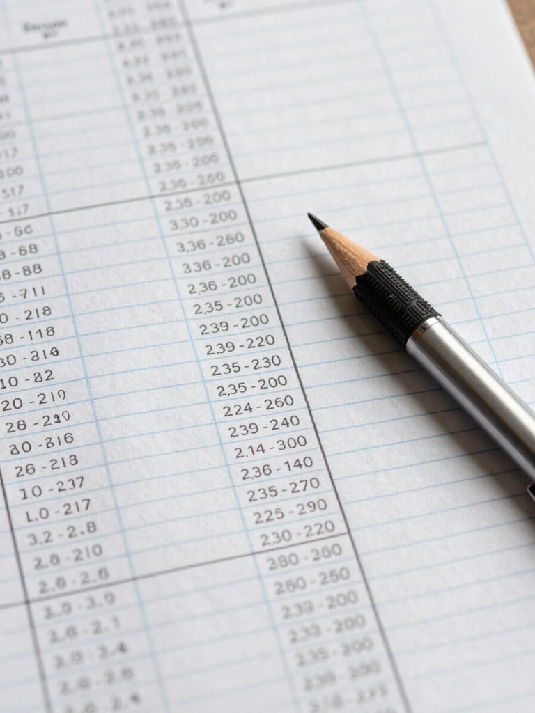 Overhead close-up of a ruled ledger sheet covered in precise handwritten financial figures and annotated column headers, a mechanical pencil resting beside a column of totals, flat studio lighting, no shadows, crisp detail