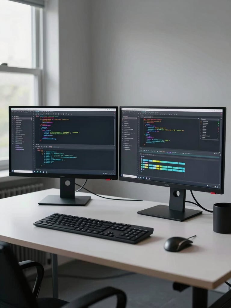Wide studio desk with two monitors showing code editor and debug output side by side, natural daylight from window left, direct frontal framing, no clutter styled