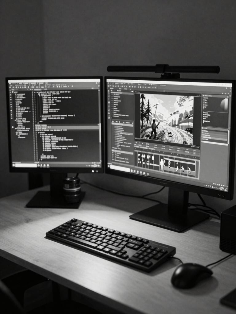 Wide desk-and-monitor setup seen from front-left, two screens showing code and a game engine viewport, tungsten lamp casting hard shadows on keyboard, no people visible, high contrast black and white documentary tone