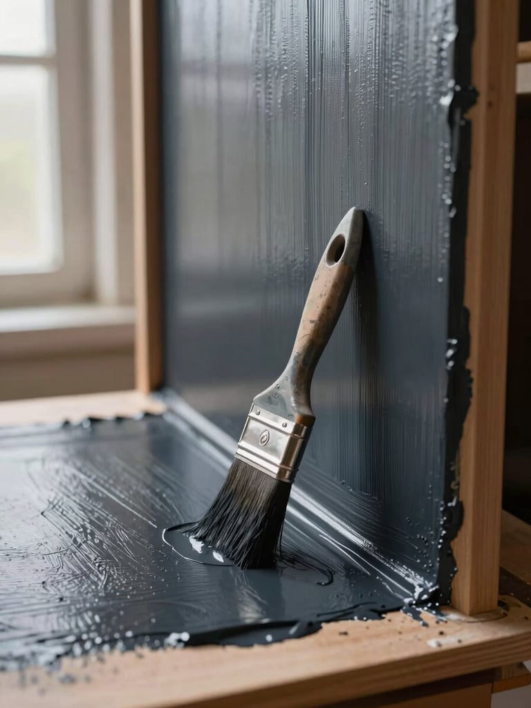 Close-up of a painter's brush applying a smooth coat of deep charcoal paint to wooden cabinet doors on a workbench, natural window light from the left, paint texture crisp and even, no faces, no staged props
