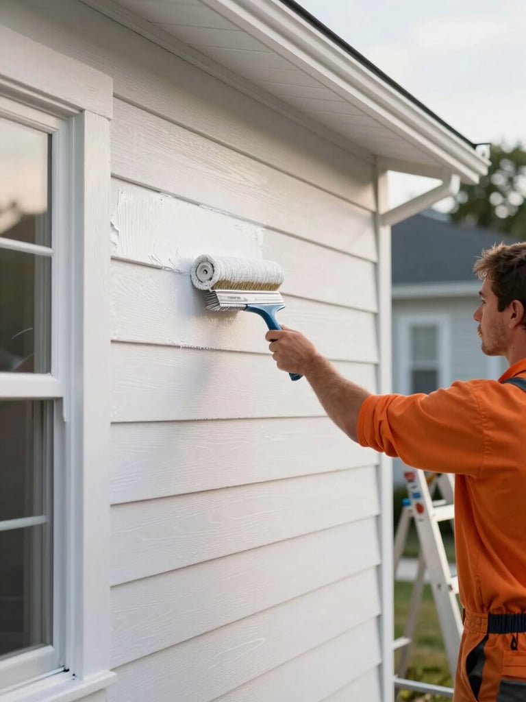 Wide documentary shot of a ProCoat crew member rolling paint on a home exterior siding in natural afternoon daylight, orange crew shirt visible, brush detail sharp against fresh white paint, ladder and neighboring house in soft background