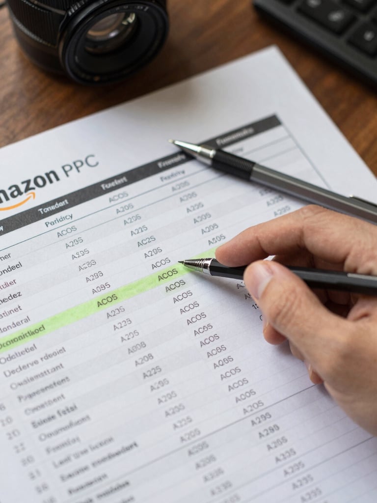Close-up overhead shot of a printed Amazon PPC forecast spreadsheet on a desk, a hand pointing at a highlighted row of ACOS figures, mechanical pencil resting beside it, even office light