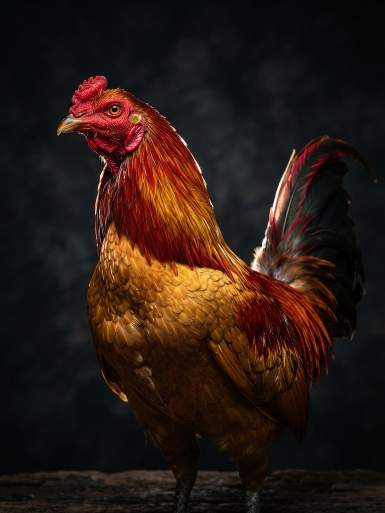 Dramatic studio photography of a majestic champion Pakhoy chicken with gold and crimson feathers, sharp rim lighting, dark moody background, high-detail macro shot.