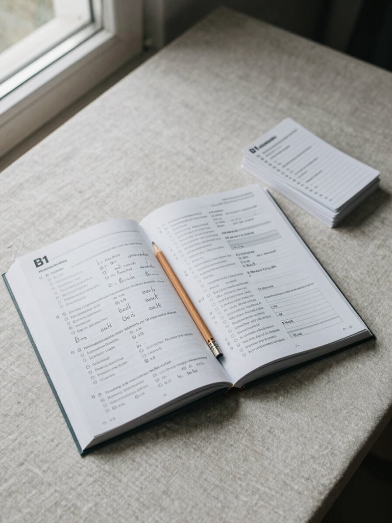 Overhead flat-lay of a structured German language study desk: open B1 grammar workbook with handwritten notes, a pencil resting on the page, a small stack of vocabulary cards to the side, neutral linen surface, soft north-facing window light, desaturated cool tones, no faces
