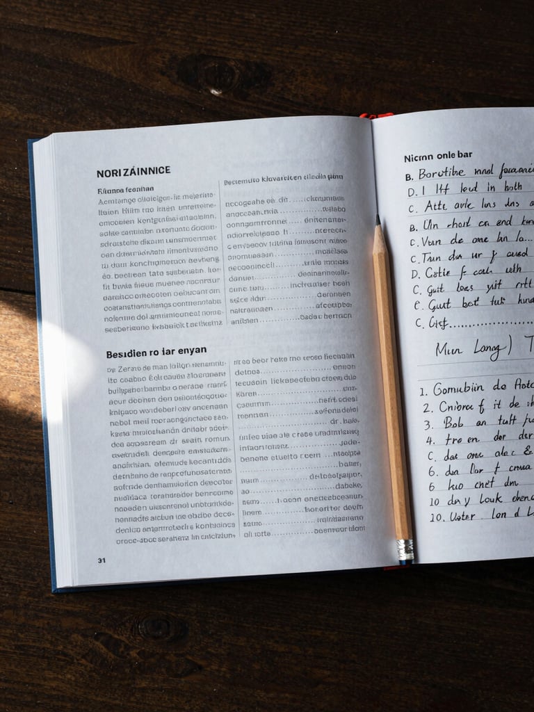 Overhead flat-lay of an open German language workbook on a dark wooden desk, a pencil resting across a handwritten exercise page, soft north-facing daylight from the left edge, cool neutral tones, no people visible