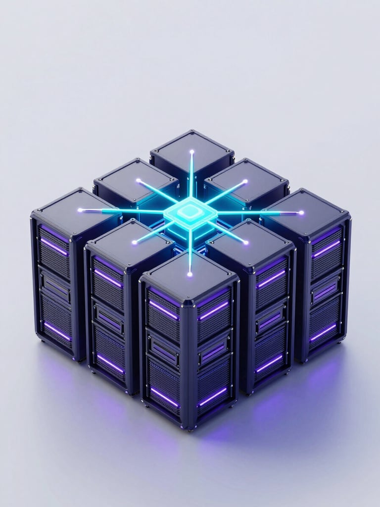 Sleek 3D render of a glowing cyan and purple network node array, dark high-tech server hardware, isometric perspective, octane render
