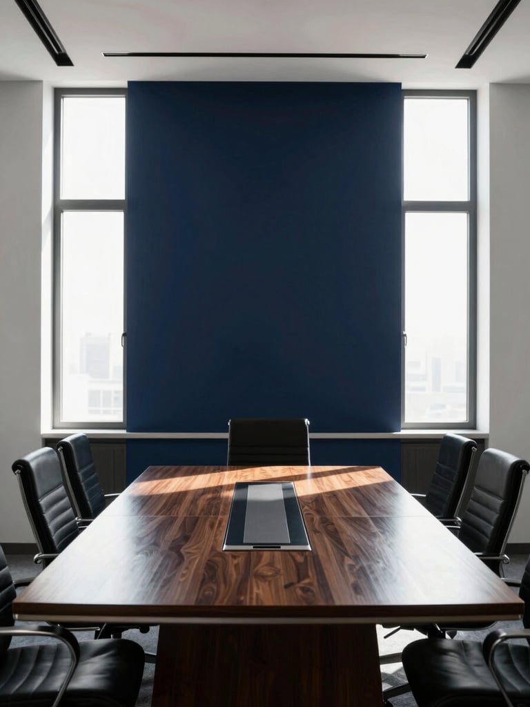 Sharp architectural shot of a corporate boardroom in Islamabad, solid wood custom table, high-contrast daylight streaming through windows, 35mm lens.