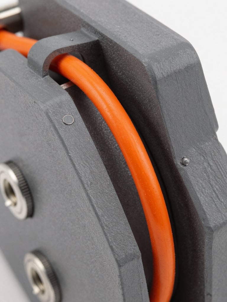 Tight macro shot of a custom mechanical interface with high-contrast safety orange wiring, industrial slate gray panel, sharp studio lighting
