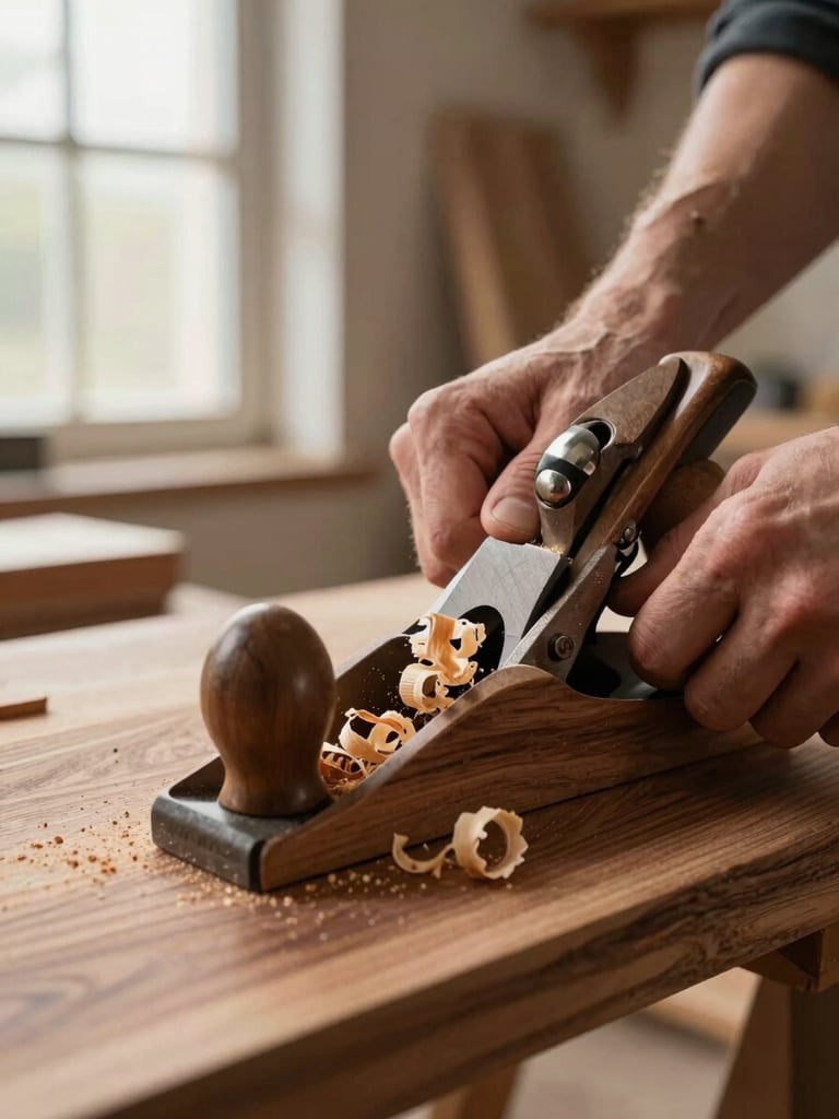 Extreme close-up of hands using a hand plane on a walnut board in a workshop, shavings curling off the blade, north-facing window light from the left, grain of the wood visible mid-stroke