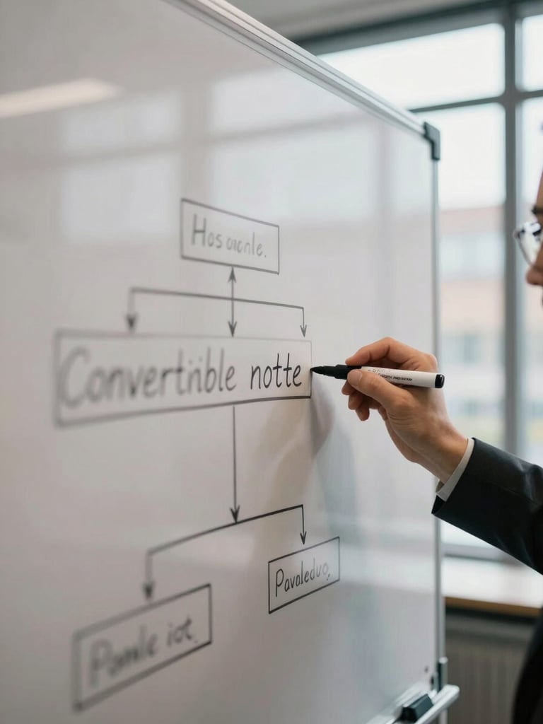 Whiteboard photographed close in a Basel office, partial diagram of a convertible note structure mid-drawing with a marker, natural diffused daylight from a high window, no legible text visible, abstract analytical geometry