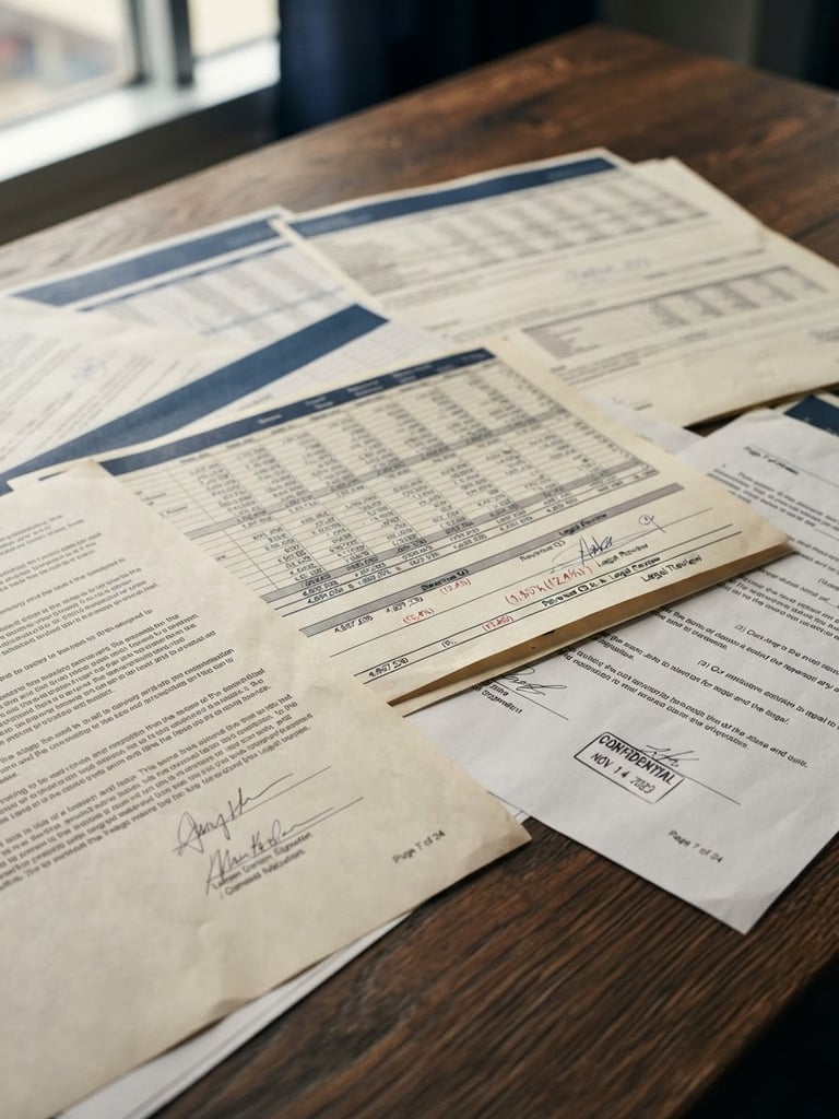 Tight macro shot of financial spreadsheets and legal documents on a dark wooden desk, soft natural office lighting, professional corporate tone, 35mm lens.