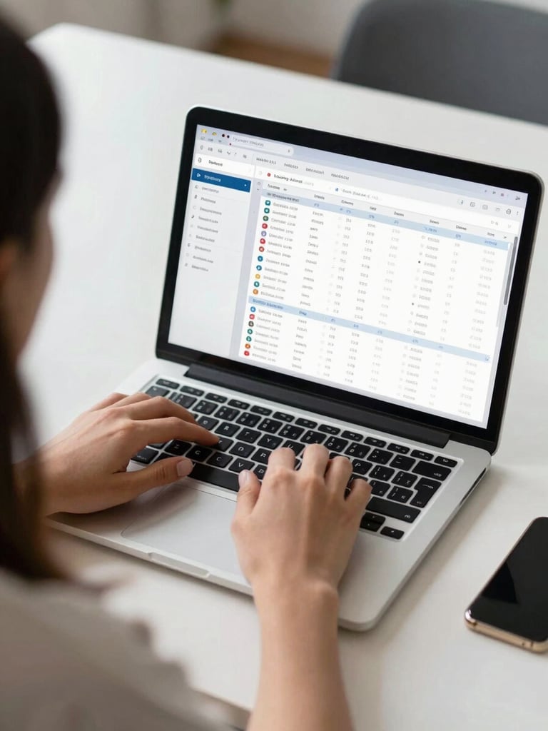 Over-the-shoulder shot of a clean modern workspace, hands typing on a laptop showing a structured dashboard, bright natural daylight, crisp contrast.