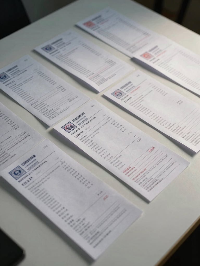 Overhead close-up of several certified fiscal documents and CFDI receipts arranged in precise overlapping rows on a bare white desk, each bearing an official stamp, cool studio strobe lighting casting hard shadows, forensic and institutional framing, no people, no warm tones