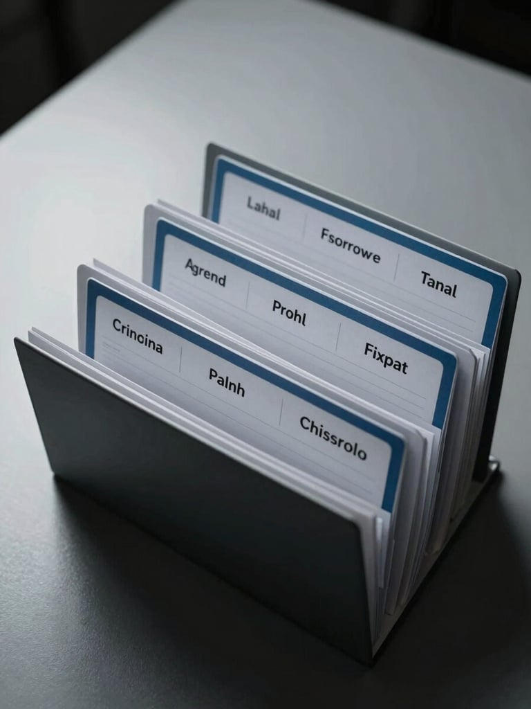 Extreme close-up overhead shot of a rigid desk surface with three neatly labeled accordion document folders arranged in a strict row, each folder tab marked with printed category labels, cool overcast studio light casting hard shadows to the left, high-contrast monochrome with steel-blue accent on the label tabs, no people, no faces, institutional forensic framing