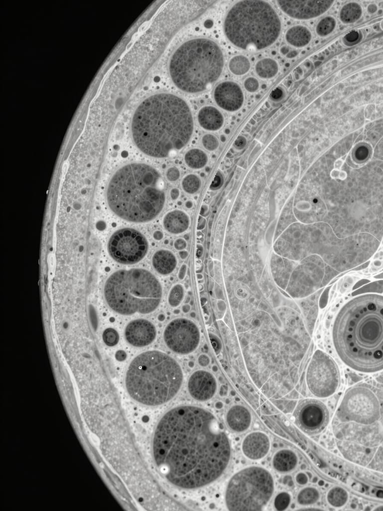Extreme close-up of a bone marrow biopsy cross-section under controlled laboratory lighting, fibrotic stromal remodeling visible as dense fibrous bands interspersed with dysplastic erythroid islands, monochrome studio light revealing cellular texture and architectural disruption, left-edge framing with dark field depth