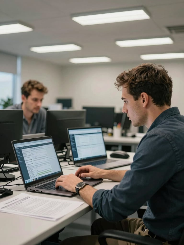 Medium interior shot of two construction project managers seated at a table, laptops open showing dashboard data reports, fluorescent office lighting, permit documents visible on the table, screens legible but not labeled, no posed smiles, focused on the screen content