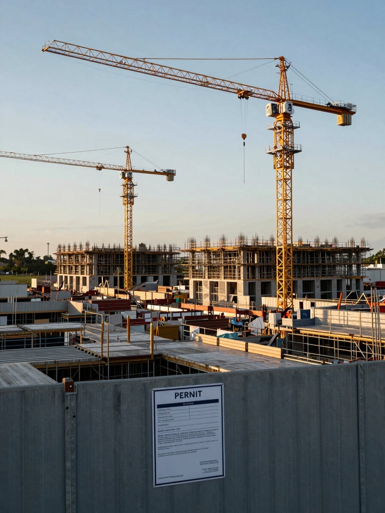 Wide environmental shot of a dense South Florida construction site at dawn, multiple cranes and scaffolding visible across the frame, overcast morning light casting flat cool shadows, a permit notice posted on temporary fencing in the near foreground, no people posing — site conditions in full view
