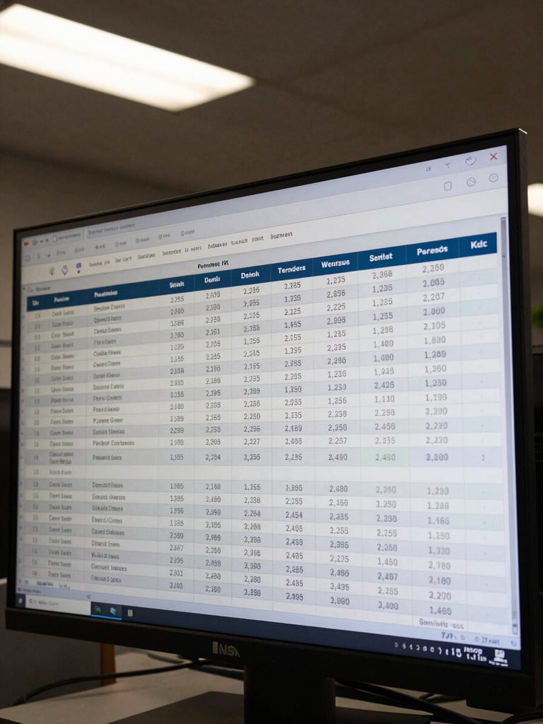 Tight overhead close-up of a construction project dashboard on a large monitor, permit status rows and bid comparison columns visible on screen, interior office fluorescent lighting, no reflections, dark background behind the screen