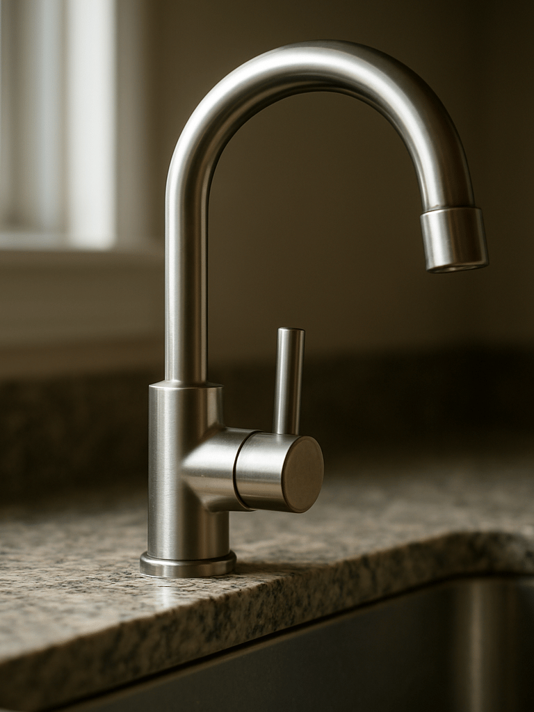 Close-up of a stainless steel kitchen faucet and stone countertop edge in natural window light, no people, sharp utilitarian detail, clean lines