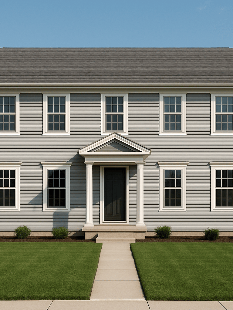 Wide exterior shot of a two-story residential property facade in clear daylight, symmetrical front elevation, trimmed lawn, neutral grey siding, no people, clean utilitarian framing