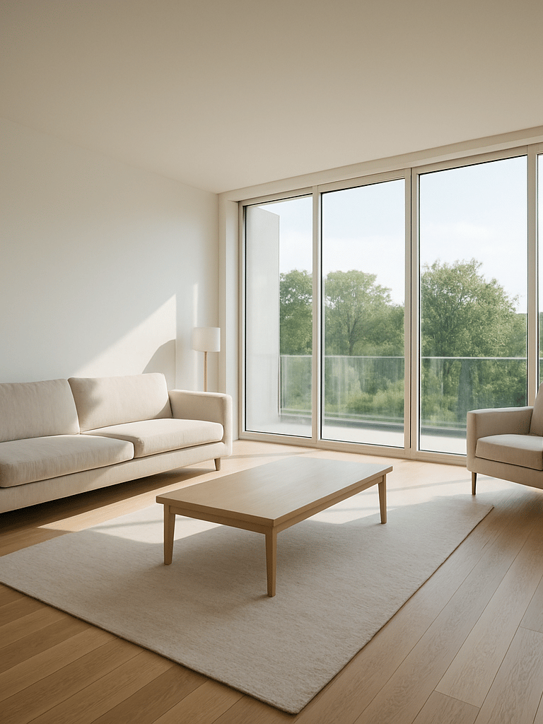 Wide interior shot of a bright residential living room, floor-to-ceiling windows flooding the space with natural daylight, minimal furnishings, clean white walls and hardwood flooring visible from a corner angle