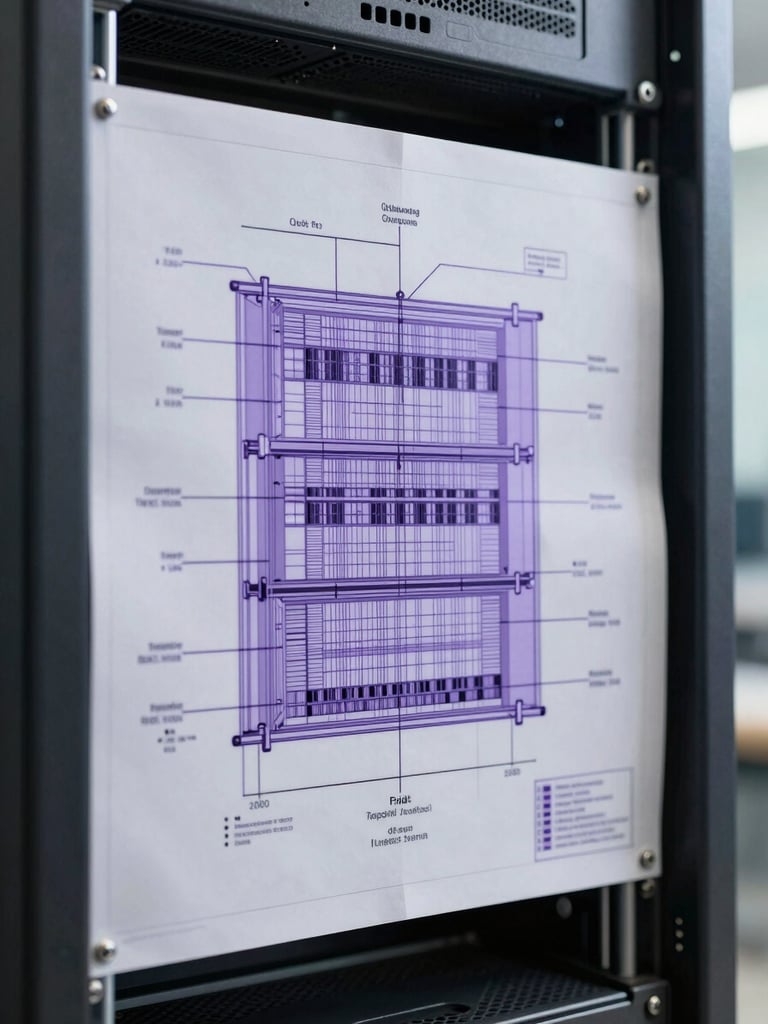 Orthographic projection of a high-precision network architecture schematic, clean server rack details with soft lavender highlights, clinical white daylight, technical blueprint style.