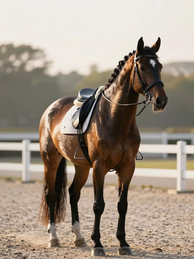 Elegant editorial portrait of a dressage horse standing in an immaculate white-fenced arena, soft morning light highlighting muscular definition, shallow depth of field.