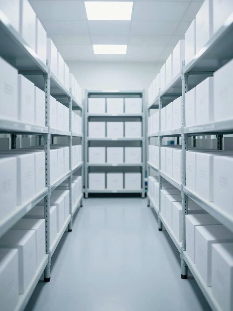 Symmetrical straight-on shot of a pristine, brightly lit medical warehouse in Dammam, organized rows of sterile white boxes on metal shelving, cool blue clinical undertones, sharp focus.