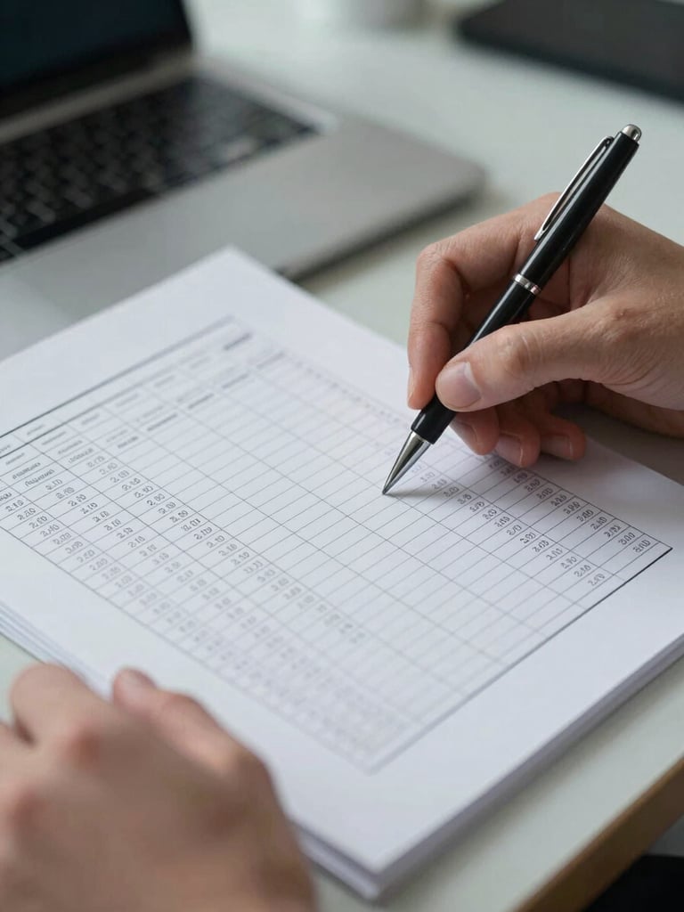 Close-up of hands reviewing a printed financial spreadsheet on a desk under cool office daylight, pen resting on the page, document edges visible, no people's faces, institutional and precise