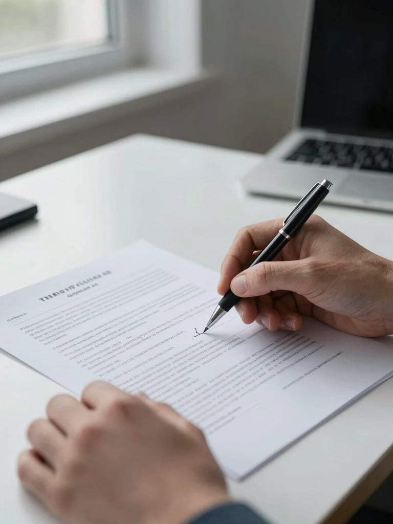 Close-up of hands reviewing a printed compliance contract on a clean office desk, cool daylight from a side window, pen resting on a signature line, document text visible but unreadable