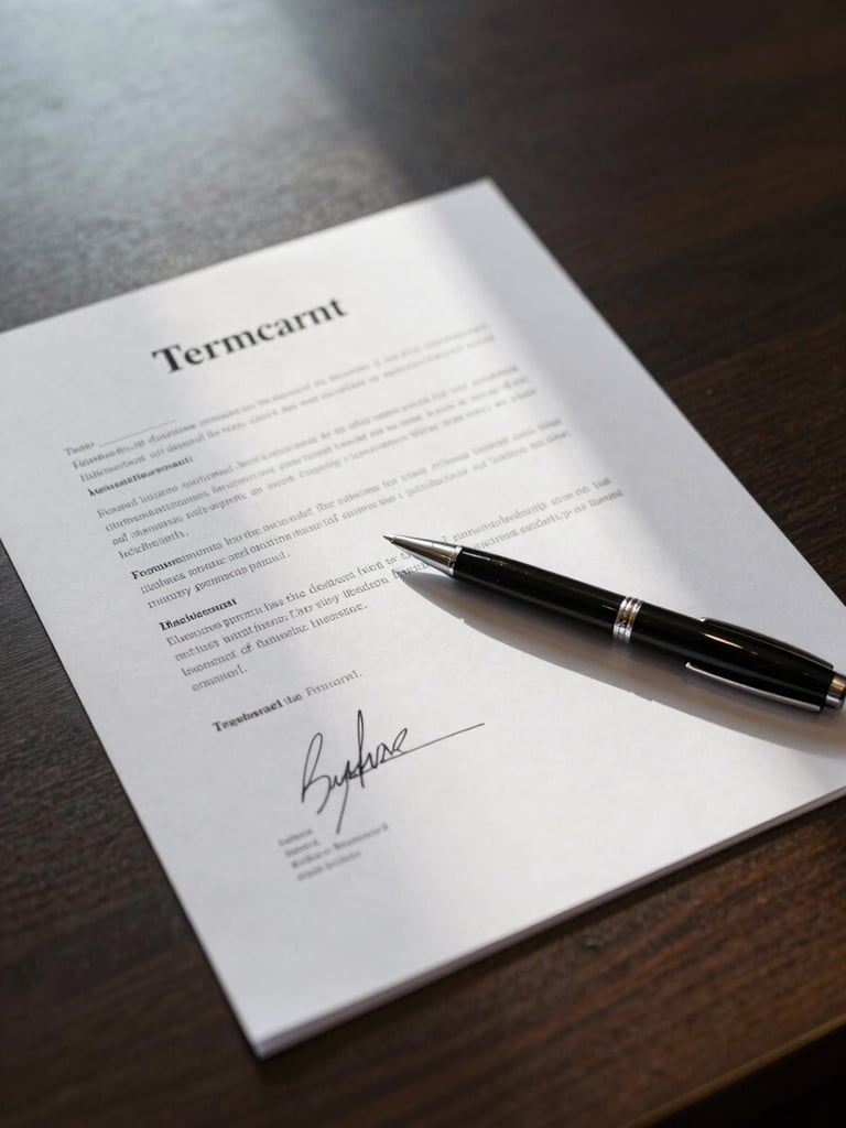 Overhead close-up of a signed term sheet on a dark conference table, a pen resting across the signature line, cool office lighting casting sharp shadows across the document edges