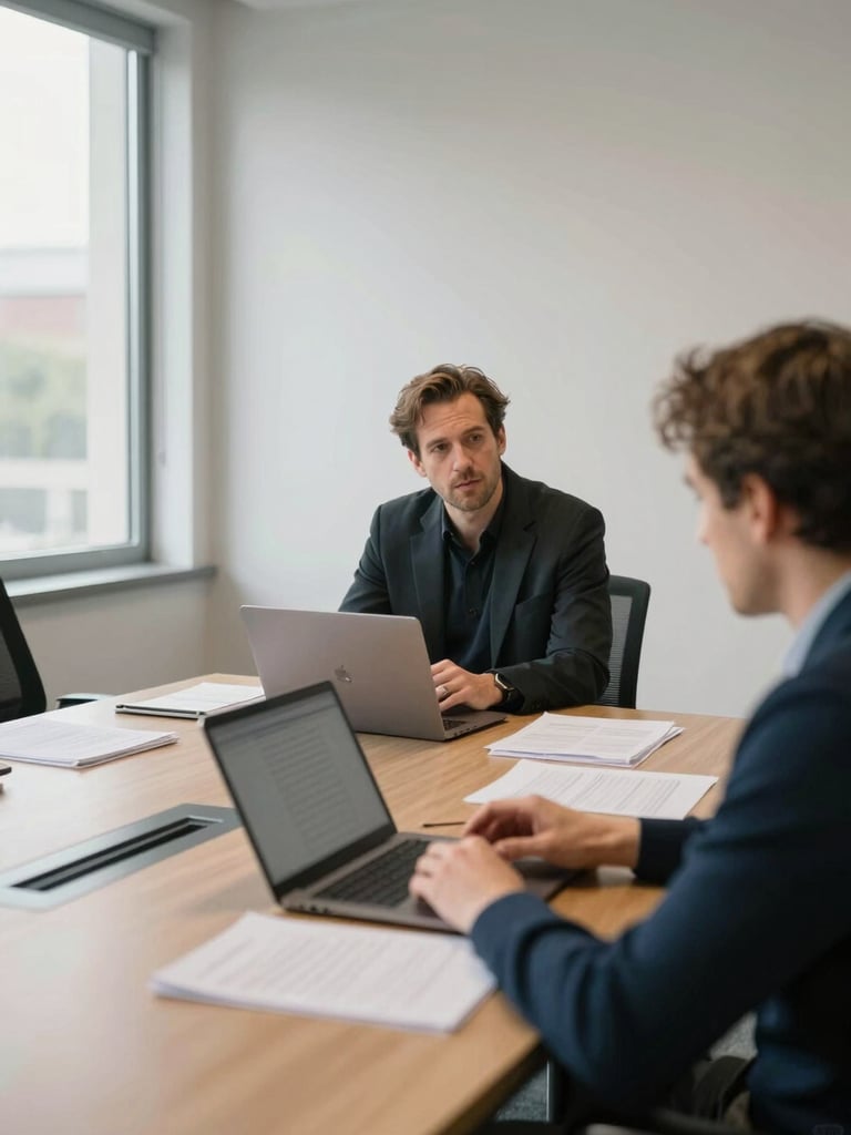 Environmental wide shot of a founder seated at the head of a long conference table, natural window light from the left, documents and a laptop open mid-review, a second figure across the table out of focus, war-room energy