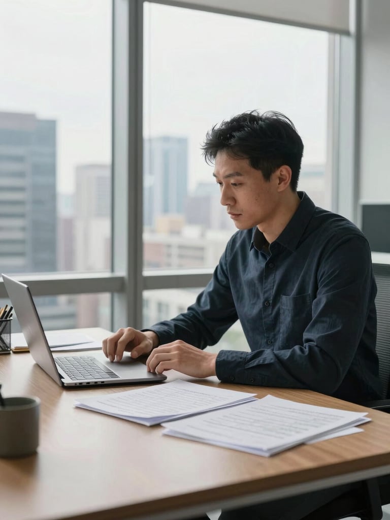 Environmental wide shot of a founder at their desk in a high-floor office, natural window light from the left, papers and a laptop open to a spreadsheet, hands resting on documents mid-review, city skyline blurred in background, medium shot, no direct eye contact with camera