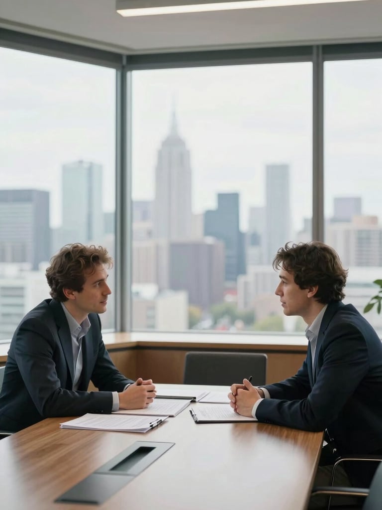 Wide environmental shot of two founders seated across a conference table mid-conversation, documents spread between them, natural window light from the left, city skyline blurred in background, medium shot with no glamour angles
