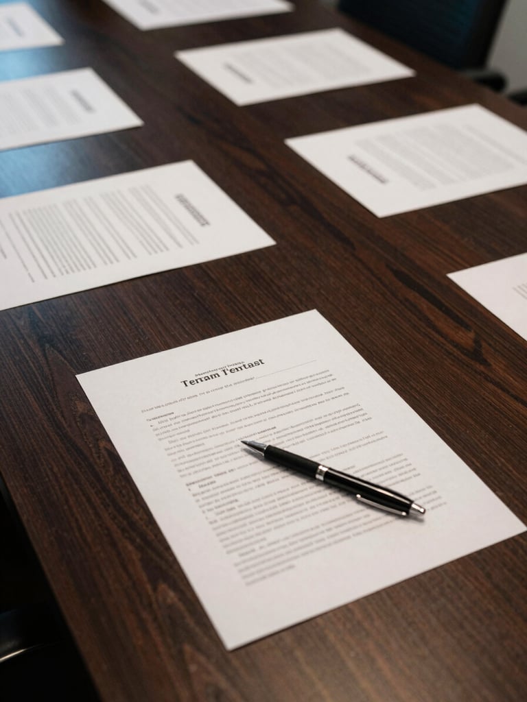 Overhead shot of a conference table, close-up of signed term sheets fanned across dark wood surface, a pen resting on one page, cool office lighting from above, no people visible