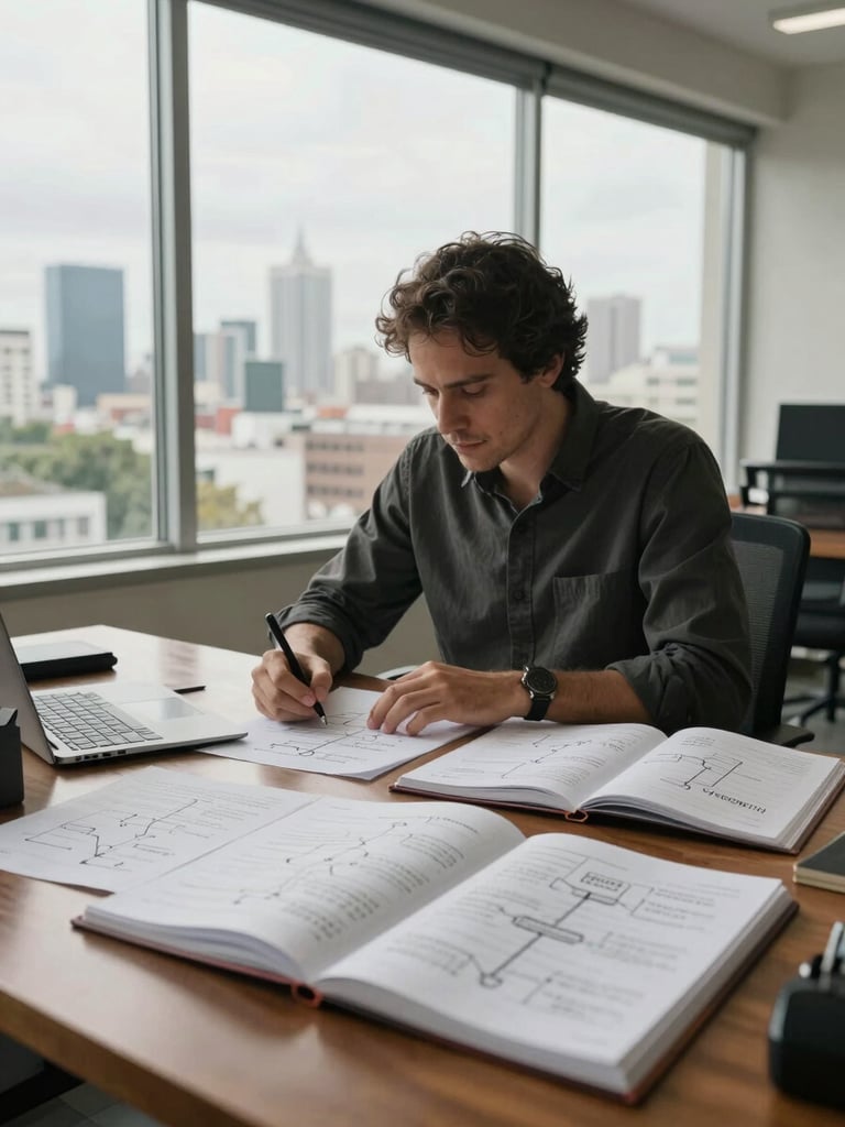 Wide environmental shot, natural window light flooding from the left — Carl seated at a large wooden desk covered with open notebooks and hand-drawn systems diagrams, head slightly bowed in concentration, Santo Domingo skyline softly visible through glass behind him, muted overcast daylight