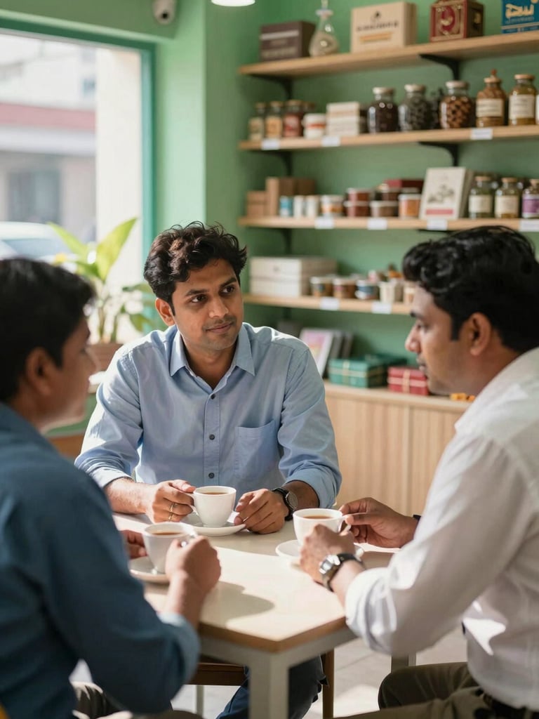 Two Indian community members discussing business plans over tea in a bright, friendly retail office setting, warm sunlight, 35mm