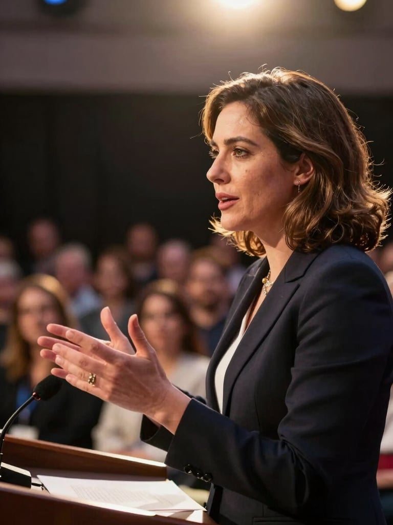 Close-up editorial frame: Dr. Nicole Estelle Roman mid-speech at a conference podium, hands gesturing toward the audience, warm golden stage lighting from above, dark background with soft bokeh of an attentive crowd behind her—presence, not performance