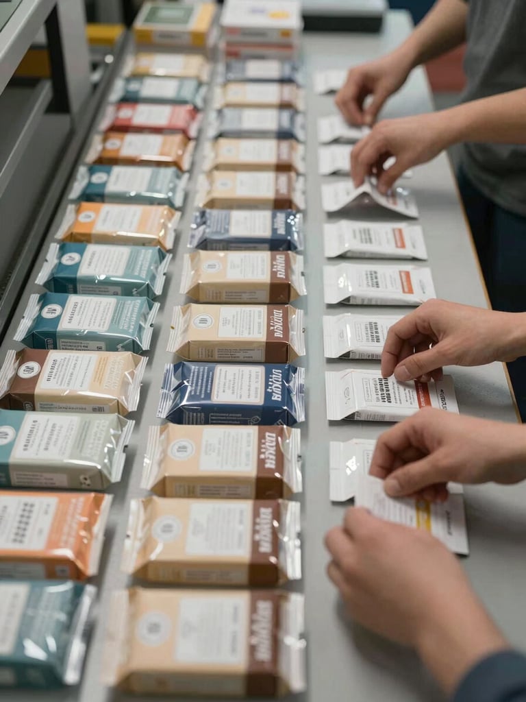Close overhead view of hands sorting and counting packaged merchandise on a warehouse sorting table, products organized in neat rows, clean studio lighting from above, no faces visible, focus on product readiness and organized stock