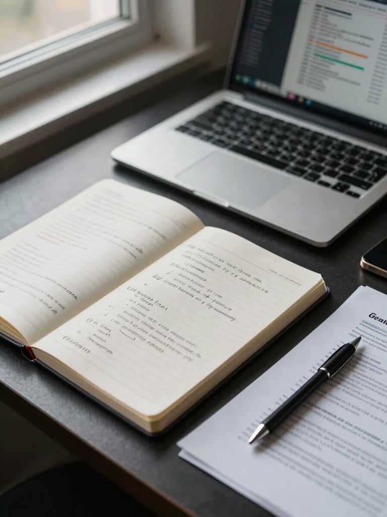 Close overhead shot of a strategy session work surface — open notebook with structured notes, a laptop screen reflecting analytics data, a mechanical pencil resting on a printed brief, soft overcast window light from the upper left, dark desk surface, no people visible