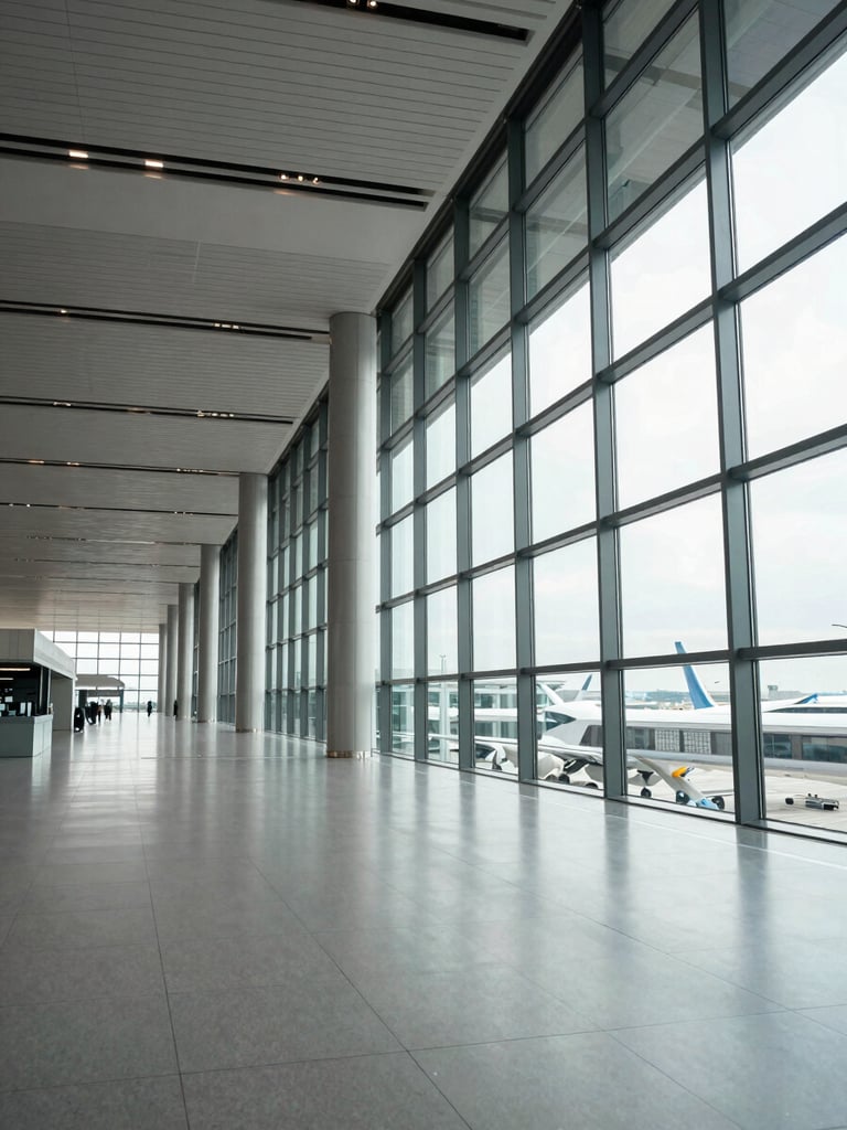 Wide environmental shot of a contemporary international airport terminal concourse, taken from a low angle looking down a long corridor — floor-to-ceiling glass on the right, structural columns receding into depth, soft overcast daylight flooding the space. No people visible. Precise, architectural framing with strong geometric perspective lines converging toward a vanishing point at the left third.